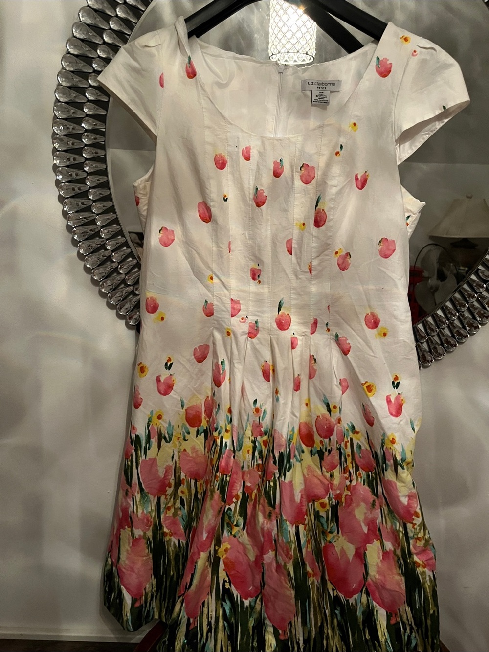 Liz Claiborne  petite White Dress with Pink & Green Floral with side pockets ,